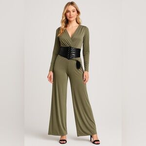 VENUS Olive Jumpsuit with Black Waist Detail